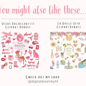 Related watercolor clipart bundle recommendations featuring Vegas Bachelorette clipart and La Dolce Vita clipart. Cute digital clipart sets for party invitations, stickers, social media designs, wall art, scrapbooking, printable decor, T-shirts, mugs, and creative commercial projects. Check out more designs from the shop.