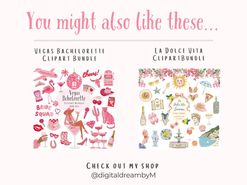 Related watercolor clipart bundle recommendations featuring Vegas Bachelorette clipart and La Dolce Vita clipart. Cute digital clipart sets for party invitations, stickers, social media designs, wall art, scrapbooking, printable decor, T-shirts, mugs, and creative commercial projects. Check out more designs from the shop.