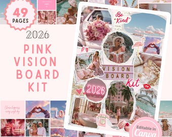 2026 Pink Vision Board Kit: 350+ Elements, Images, Stickers, and Canva Template