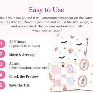 Easy online seamless pattern maker with a simple five step workflow: upload your own images, move and arrange motifs, adjust size rotation and color, check the repeating pattern preview, then save your finished tile. Designed for beginners, Etsy sellers, illustrators, crafters and surface pattern designers creating digital paper, fabric prints, stationery and print on demand products.