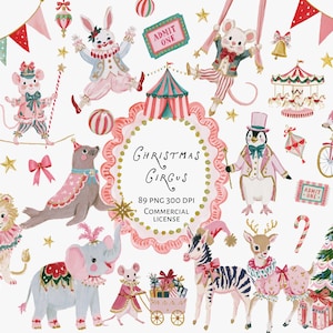 Puede incluir: Una colección digital de ilustraciones en acuarela con animales de circo que incluyen un conejo, ratón, foca, león, elefante, cebra y ciervo, junto a un carrusel, árbol de Navidad, regalos y el texto Christmas Circus 89 PNG 300 DPI.