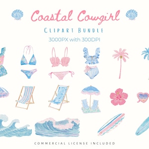 Coastal cowgirl clipart bundle featuring pastel pink and blue watercolor beach elements including bikinis, swimsuits, shell bras, palm trees, beach umbrellas, lounge chairs, ocean waves, surfboards, hibiscus flower, and heart sunglasses. Soft coastal western summer aesthetic perfect for beach cowgirl, mermaid, and boho designs. High-resolution PNG clipart, 3000px, 300 DPI, commercial use included.