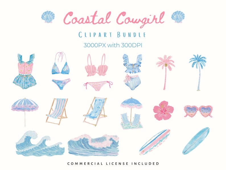 Coastal cowgirl clipart bundle featuring pastel pink and blue watercolor beach elements including bikinis, swimsuits, shell bras, palm trees, beach umbrellas, lounge chairs, ocean waves, surfboards, hibiscus flower, and heart sunglasses. Soft coastal western summer aesthetic perfect for beach cowgirl, mermaid, and boho designs. High-resolution PNG clipart, 3000px, 300 DPI, commercial use included.