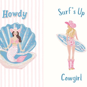 Coastal cowgirl clipart featuring pastel watercolor illustrations of a mermaid sitting in a seashell with a pink cowgirl hat and a cowgirl girl holding a surfboard at the beach. Includes hand-lettered words “Howdy,” “Surf’s Up,” and “Cowgirl” in soft pink and blue tones. Whimsical coastal western aesthetic perfect for summer, beach cowgirl, and boho designs.