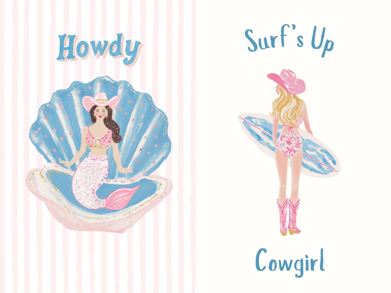 Coastal cowgirl clipart featuring pastel watercolor illustrations of a mermaid sitting in a seashell with a pink cowgirl hat and a cowgirl girl holding a surfboard at the beach. Includes hand-lettered words “Howdy,” “Surf’s Up,” and “Cowgirl” in soft pink and blue tones. Whimsical coastal western aesthetic perfect for summer, beach cowgirl, and boho designs.