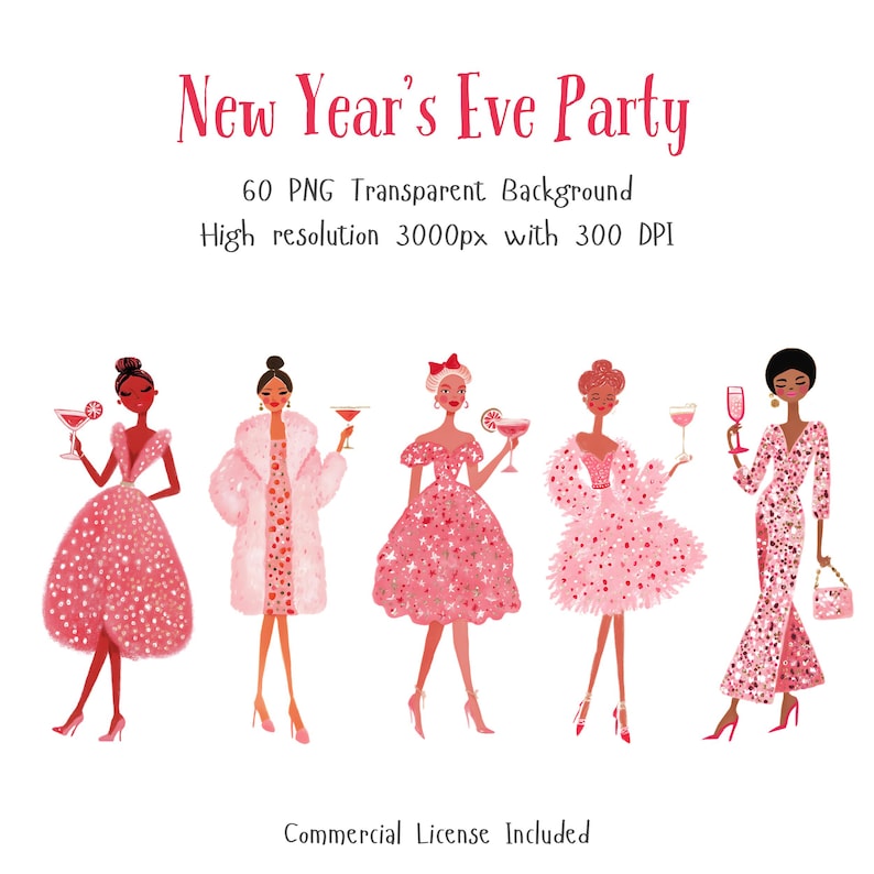 New Year’s Eve party clipart featuring five fashionable women dressed in pink glamorous outfits holding cocktails. Includes high-resolution 3000px PNG elements with transparent background and commercial license.