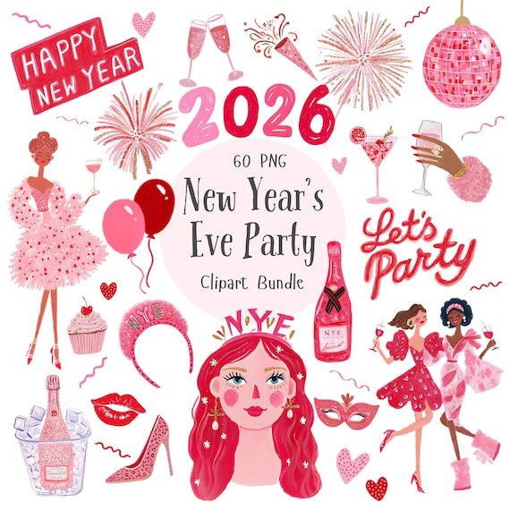 Pink New Year’s Eve Party Clipart, 2026 NYE Party PNG
