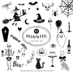 Halloween Line Art Clipart Set: Spooky 62 PNG Illustrations (Digital Download)