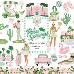 May include: A collection of digital illustrations featuring a Palm Springs theme with pink and green color palettes. Elements include a pink clubhouse, golf carts, tennis gear, a pink car, a poodle, palm trees, cacti, swimming pools, and people.