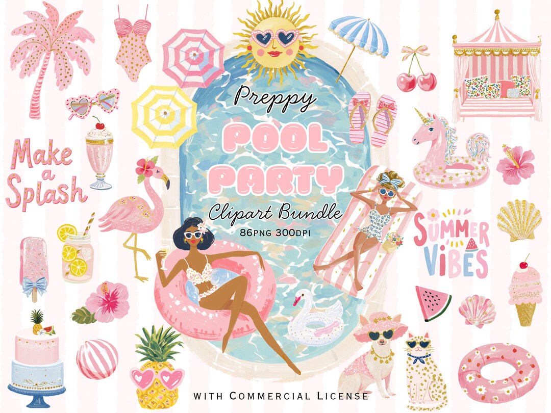 Preppy Pool Party Clipart Bundle, Pink Summer PNG (300DPI) - Etsy