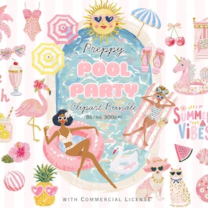May include: A digital illustration titled "Preppy Pool Party Clipart Bundle" featuring various summer-themed elements. Includes a pink flamingo, sunglasses, a cake, a milkshake, and the words "Make a Splash" and "Summer Vibes".