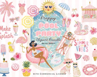 Könnte beinhalten: Digitale Illustration mit dem Titel "Preppy Pool Party Clipart Bundle" mit verschiedenen Elementen zum Thema Sommer. Enthält einen rosa Flamingo, Sonnenbrillen, einen Kuchen, einen Milchshake und die Wörter "Make a Splash" und "Summer Vibes".