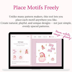 Create custom seamless patterns by placing each motif exactly where you want it. Atelier Repeat lets you freely move, rotate, resize and arrange clipart or PNG images on the canvas instead of relying on fixed automatic layouts. Perfect for creating organic repeating patterns, scattered prints, playful surface designs, digital paper, fabric patterns and wrapping paper.