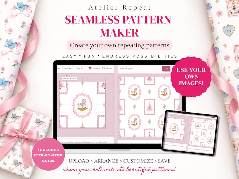 Atelier Repeat seamless pattern maker for creating custom repeating patterns with your own images, clipart and illustrations. Easy online pattern design tool for surface pattern design, digital paper, fabric prints, wrapping paper, stationery, print on demand products and creative projects. Upload, arrange, customize and preview motifs before saving your finished seamless pattern tile.