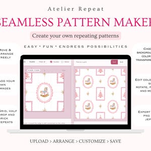 Online seamless pattern design tool with features for uploading your own PNG images, freely moving and arranging motifs, choosing Grid, Half Drop or Brick repeats, changing background colors, editing motif size rotation and color, and exporting finished patterns as PNG or JPEG. Ideal for creating digital paper, fabric patterns, gift wrap, stationery and print on demand designs.