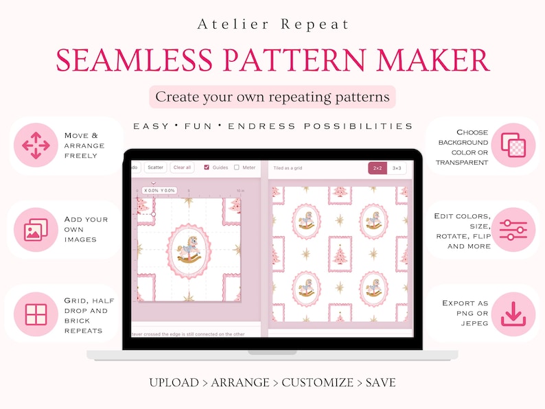 Online seamless pattern design tool with features for uploading your own PNG images, freely moving and arranging motifs, choosing Grid, Half Drop or Brick repeats, changing background colors, editing motif size rotation and color, and exporting finished patterns as PNG or JPEG. Ideal for creating digital paper, fabric patterns, gift wrap, stationery and print on demand designs.