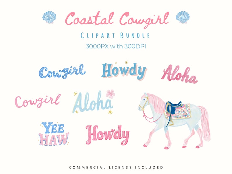 Coastal cowgirl clipart bundle featuring hand-lettered watercolor words including cowgirl, howdy, yee haw, and aloha in pastel pink and blue, along with a decorative western horse illustration. Soft coastal western aesthetic perfect for boho designs, summer graphics, and beach cowgirl themes. High-resolution PNG clipart, 3000px, 300 DPI, commercial use included.