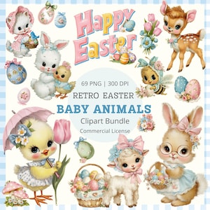May include: A digital clipart bundle featuring retro Easter baby animals. The image includes a kitten, bunny, chick, deer, bee, and lamb, along with Easter eggs and flowers. Text includes "Happy Easter", "Baby Animals", and "Clipart Bundle".