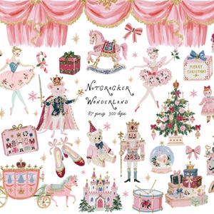 May include: A digital collection of Nutcracker Wonderland illustrations featuring pink curtains, a mouse king, ballerinas, a rocking horse, a Christmas tree, a castle, a carriage, gifts, a nutcracker, a teddy bear, and toys with the text Nutcracker Wonderland.