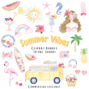 Pacchetto Clipart "Summer Vibes" per una vacanza magica - Sirene, tavole da surf e altro ancora, PNG con tonalità pastello estive