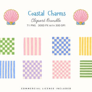 Watercolor seamless pattern and background clipart set with colorful stripes and checkerboard designs in green, pink, blue, purple, and yellow. Cute hand-painted coastal summer patterns for invitations, wrapping paper, scrapbooking, printable party decor, digital paper, packaging, and Mediterranean inspired designs.