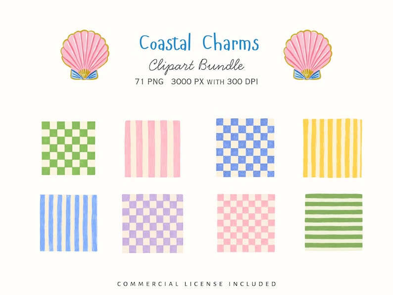 Watercolor seamless pattern and background clipart set with colorful stripes and checkerboard designs in green, pink, blue, purple, and yellow. Cute hand-painted coastal summer patterns for invitations, wrapping paper, scrapbooking, printable party decor, digital paper, packaging, and Mediterranean inspired designs.