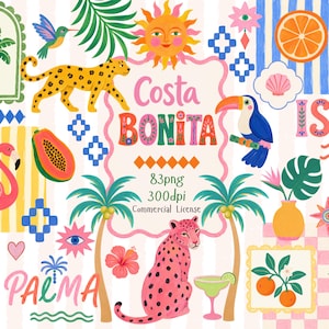 May include: A digital graphic collection featuring tropical illustrations including a yellow leopard, a pink leopard, a toucan, a flamingo, palm trees, hibiscus flowers, citrus fruits, and the text Costa Bonita, Isla, and Palma on a striped background.