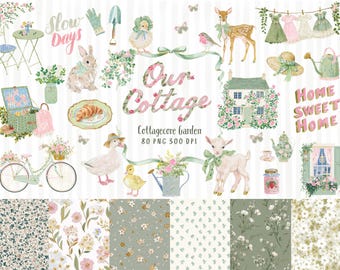 May include: A digital illustration featuring a cottagecore garden theme. The image includes a variety of elements such as a bunny, deer, duck, house, and floral patterns. Text includes "Slow Days", "Our Cottage", and "Home Sweet Home". The color palette is soft with pastel shades.
