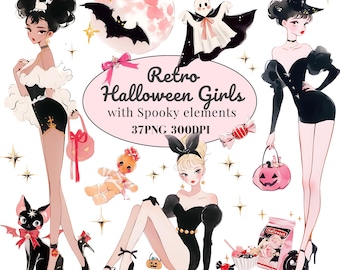 May include: Digital illustration featuring retro Halloween girls with spooky elements. The image includes a pink moon, bats, a ghost, and various treats. The text reads "Retro Halloween Girls with Spooky elements".