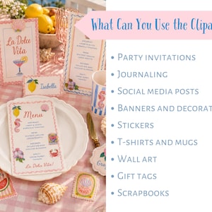 Example use ideas for coastal watercolor clipart, showing a Mediterranean party table mockup with printable menu, place card, paper cup, and party decor. Clipart can be used for party invitations, journaling, social media posts, banners, stickers, T-shirts, mugs, wall art, gift tags, and scrapbook projects.