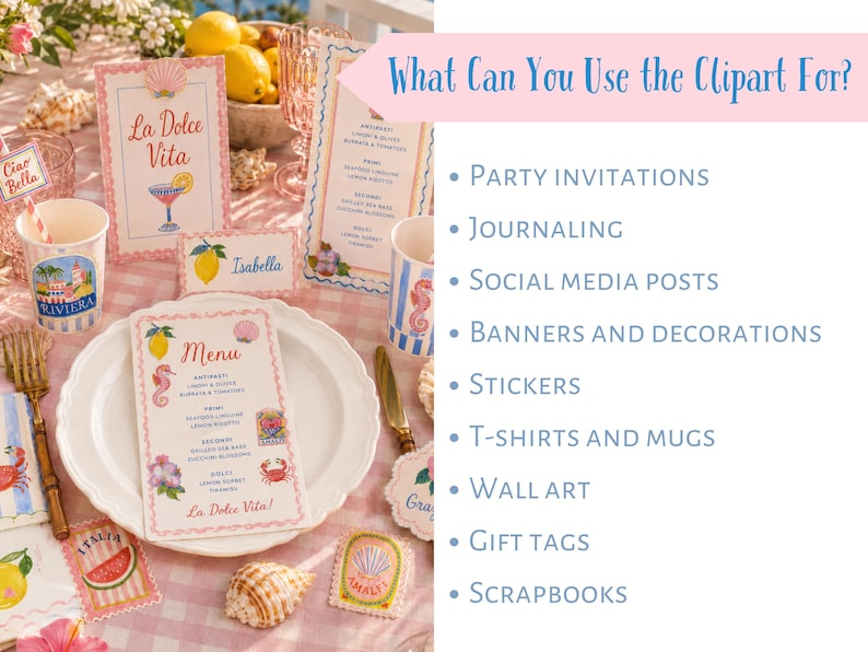 Example use ideas for coastal watercolor clipart, showing a Mediterranean party table mockup with printable menu, place card, paper cup, and party decor. Clipart can be used for party invitations, journaling, social media posts, banners, stickers, T-shirts, mugs, wall art, gift tags, and scrapbook projects.
