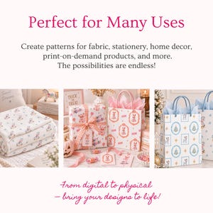 Turn seamless patterns into fabric, wrapping paper, gift bags, stationery, home decor, textile prints and print on demand products. Atelier Repeat helps creators transform their own clipart and illustrations into professional repeating patterns for digital and physical products, including digital paper, packaging, nursery decor, scrapbooking, crafts and small business designs.
