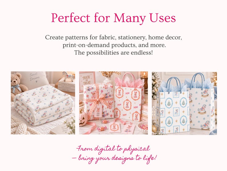 Turn seamless patterns into fabric, wrapping paper, gift bags, stationery, home decor, textile prints and print on demand products. Atelier Repeat helps creators transform their own clipart and illustrations into professional repeating patterns for digital and physical products, including digital paper, packaging, nursery decor, scrapbooking, crafts and small business designs.