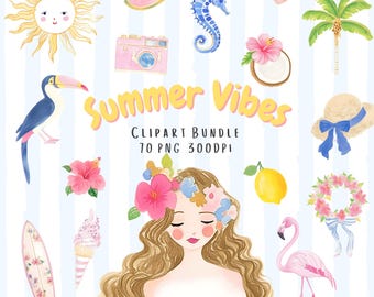 Pastel Summer Clipart Bundle: 70 Watercolor PNGs (Digital Download)