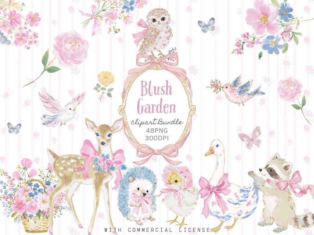 Blush Pink Woodland Animal Clipart Bundle, Watercolor Garden PNG Set - Etsy