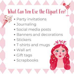New Year’s Eve party clipart usage guide displaying ideas such as party invitations, journaling, social media posts, banners, stickers, T-shirts, wall art, gift tags, and scrapbooks. Includes pink diamond border, confetti popper, cocktail illustration, and a cute NYE girl portrait.