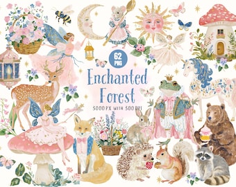 Enchanted Forest Clipart Bundle, Woodland Animals Watercolor PNG, Fairy Tale Forest Elements