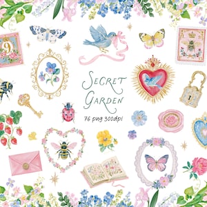 May include: A collection of watercolour illustrations featuring a blue bird with a pink ribbon, butterflies, a bee, a ladybug, strawberries, a gold key, a heart-shaped locket, a pink envelope, and an open book with the text Secret Garden.