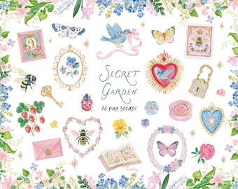 Watercolor Garden Clipart Bundle, Floral Frames, Birds, Butterflies , Bees, Ladybug and Flowers PNG