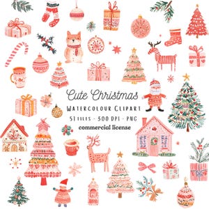 Pacchetto di clipart natalizie stravaganti: affascinanti grafiche natalizie rosa, deliziose illustrazioni di alberi di Natale ad acquerello, arte PNG festiva
