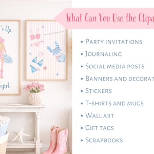 Coastal cowgirl clipart usage mockup showing framed wall art prints in a soft coastal western home, featuring a cowgirl with surfboard and beach-themed illustrations. Includes text listing possible uses such as party invitations, journaling, social media posts, banners, stickers, t-shirts, mugs, wall art, gift tags, and scrapbooks. Pastel pink and blue aesthetic, beach cowgirl decor style.