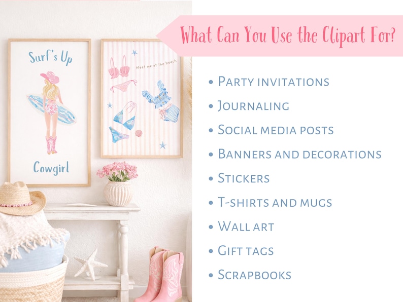 Coastal cowgirl clipart usage mockup showing framed wall art prints in a soft coastal western home, featuring a cowgirl with surfboard and beach-themed illustrations. Includes text listing possible uses such as party invitations, journaling, social media posts, banners, stickers, t-shirts, mugs, wall art, gift tags, and scrapbooks. Pastel pink and blue aesthetic, beach cowgirl decor style.