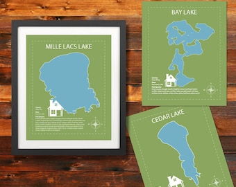 Lámina decorativa personalizada con mapa de lagos de Minnesota: Decoración para cabañas (Descarga digital)