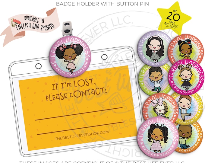 2026 Eternal Happiness Convention Badge Holder with Button Pin - JOYFUL FRIENDS!