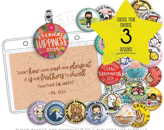 2026 Eternal Happiness Convention Badge Holder with 3 Button Pin Set