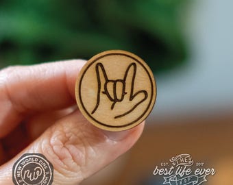 I Love You Sign ASL Laser Engraved Wood Lapel Pin