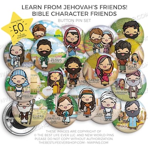 Bible Character Friends Button Pin Set - jw gifts for kids and children