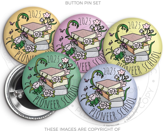 2025 Pioneer School Button Pins Set - FLORAL BOOKS - jw ministry - jw pioneer gifts - best life ever - jw org