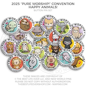 Pure Worship 2025 Convention Button Pins - HAPPY ANIMALS - jw gifts - jw, convention gifts, regional convention