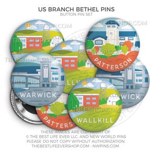 May include: Set of 6 US Branch Bethel Pins. Each pin features a different building with a colorful illustration and the name of the location. The pins are round and have a silver backing.